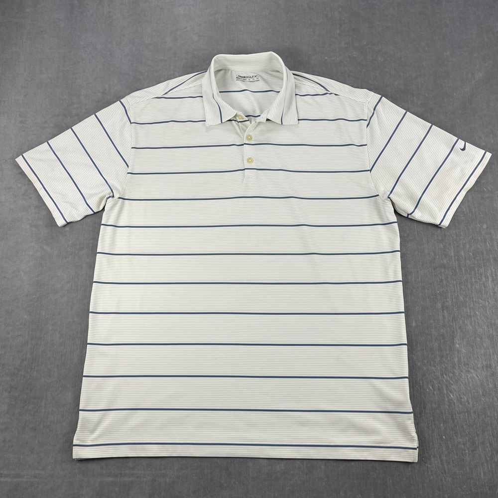 Nike Golf Men XL White Striped Polo Shirt Nike FIT DRY Performance Short Sleeve